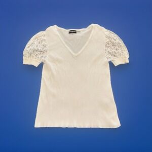 Karl Lagerfeld Paris Women's Blouse Size X-Large‎ White- Puff Sleeve W/ Initials